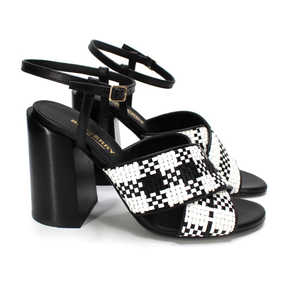 Burberry Castlebar Woven Nova Check Leather Black White Ankle Strap Sandals 35.5